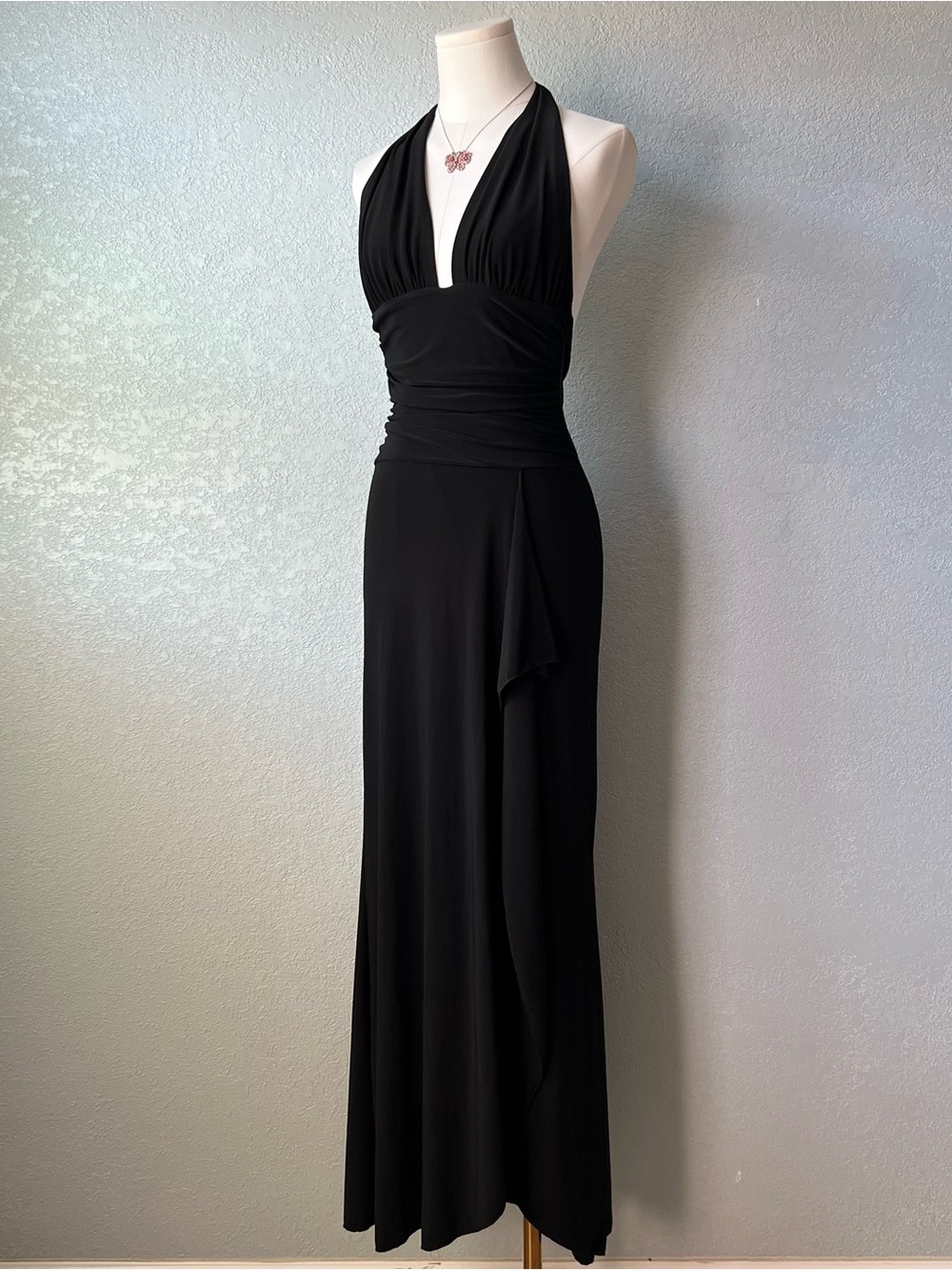 Vintage Y2K Black Halter Maxi Dress Open Back Ruched Bodycon Formal Size M